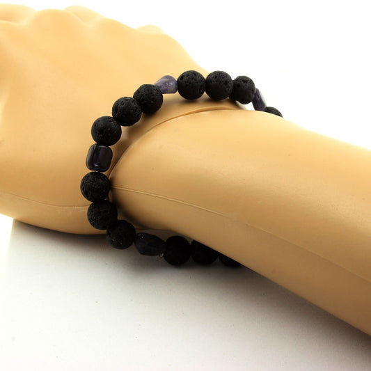 Cordierite Iolite de Madagascar + Perles Lave. Bracelet Perles naturelles