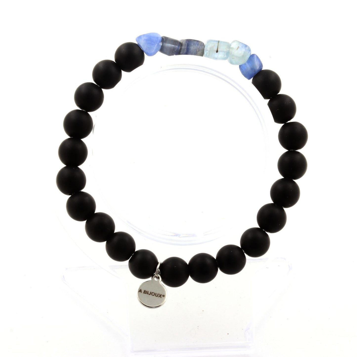 Cyanite bleu du Brésil + Perles Onyx noir mat. Bracelet Perles