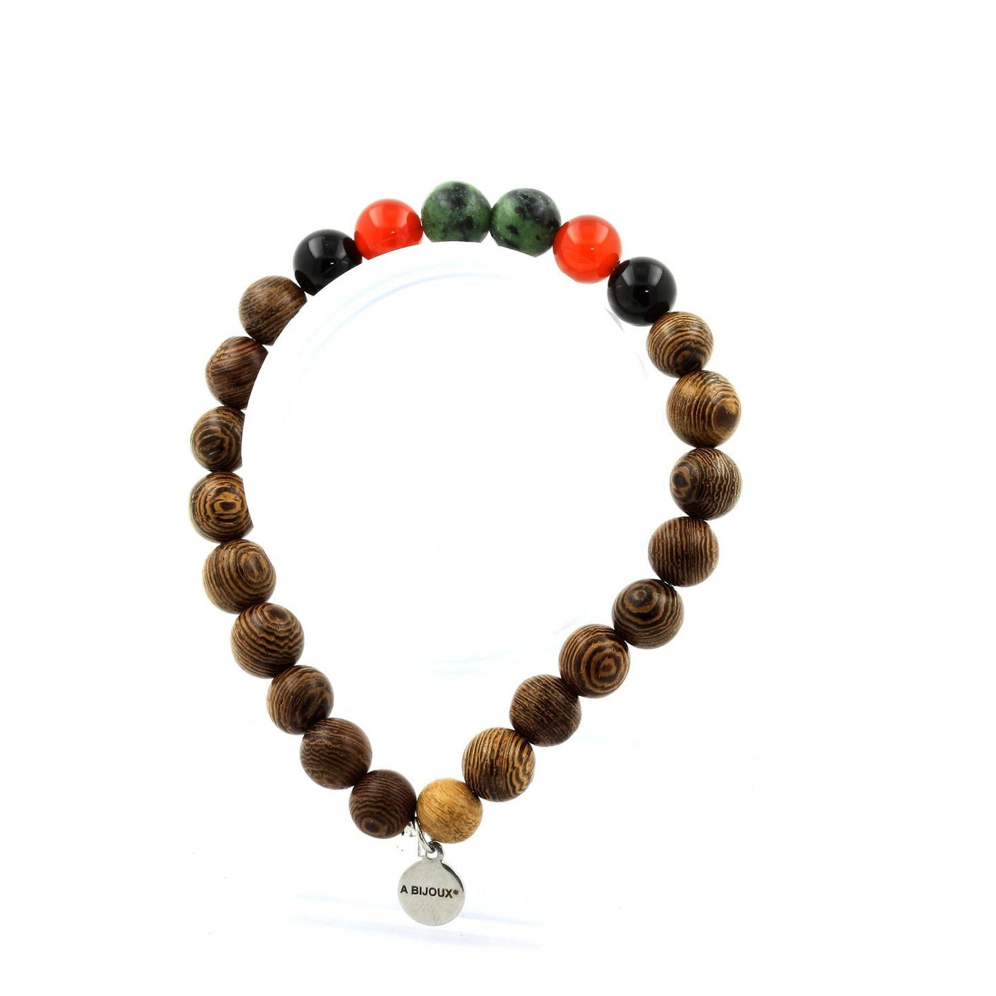 Epidote d'Australie + Cornaline d'Uruguay + Agate noire + bois. Bracelet Perles naturelles