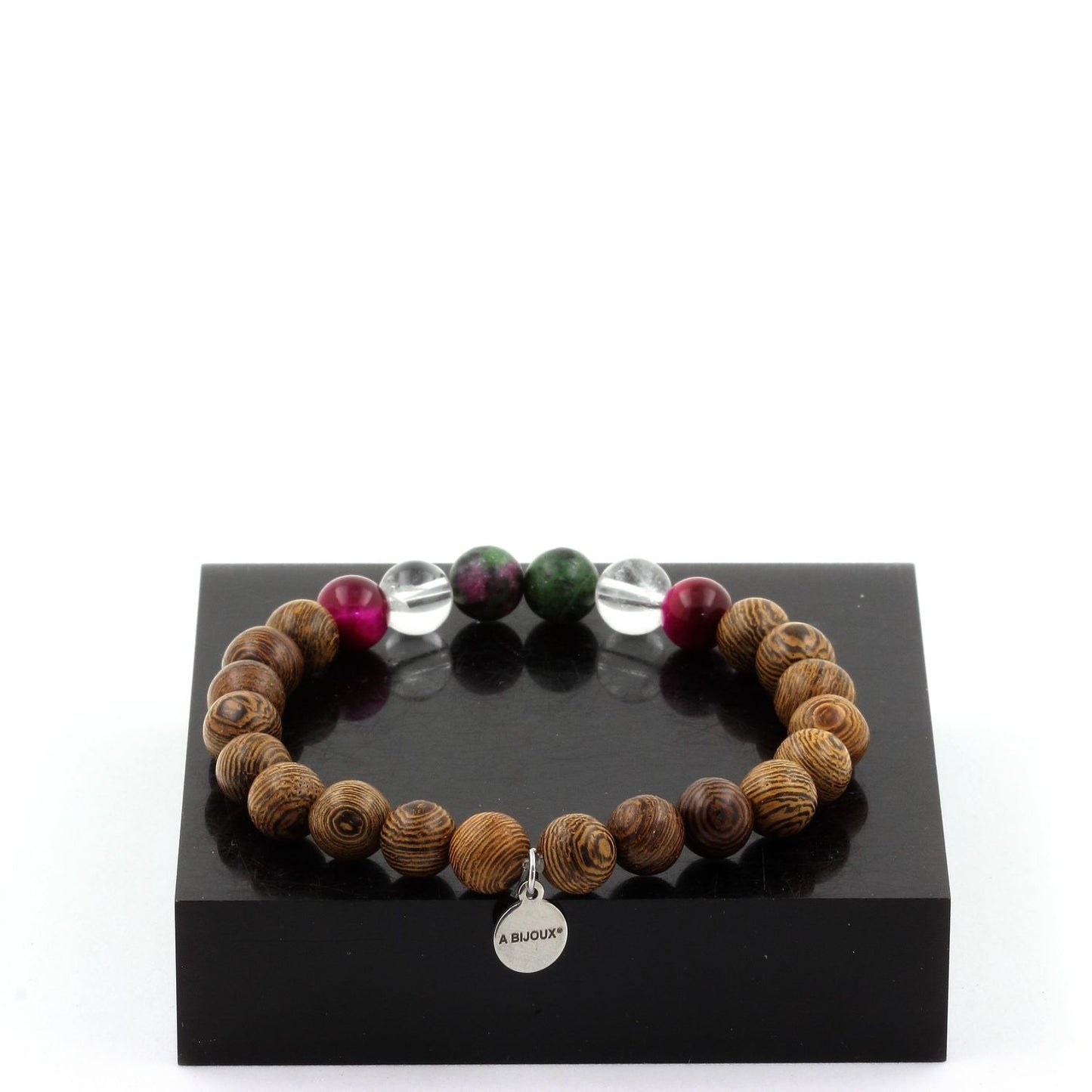 Epidote d'Australie + Oeil de Tigre Fuschia + Quartz + bois. Bracelet Perles naturelles