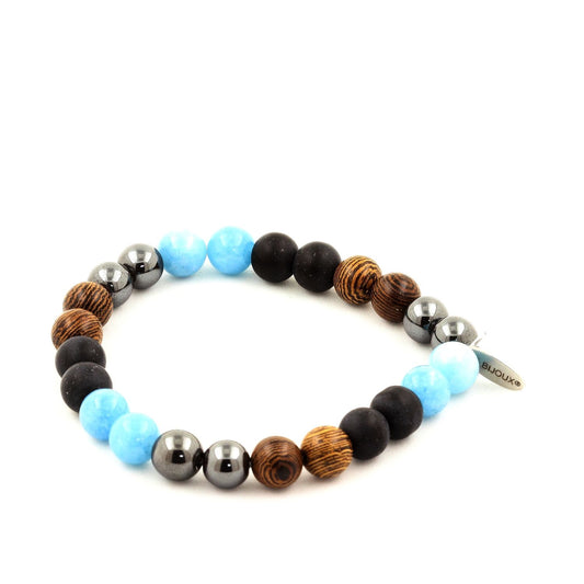 Hématite + Calcédoine bleu + Onyx noir mat + bois Bracelet Perles