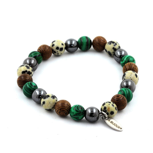Hématite + Malachite (avec résine) + Jaspe Dalmatien + bois Bracelet Perles