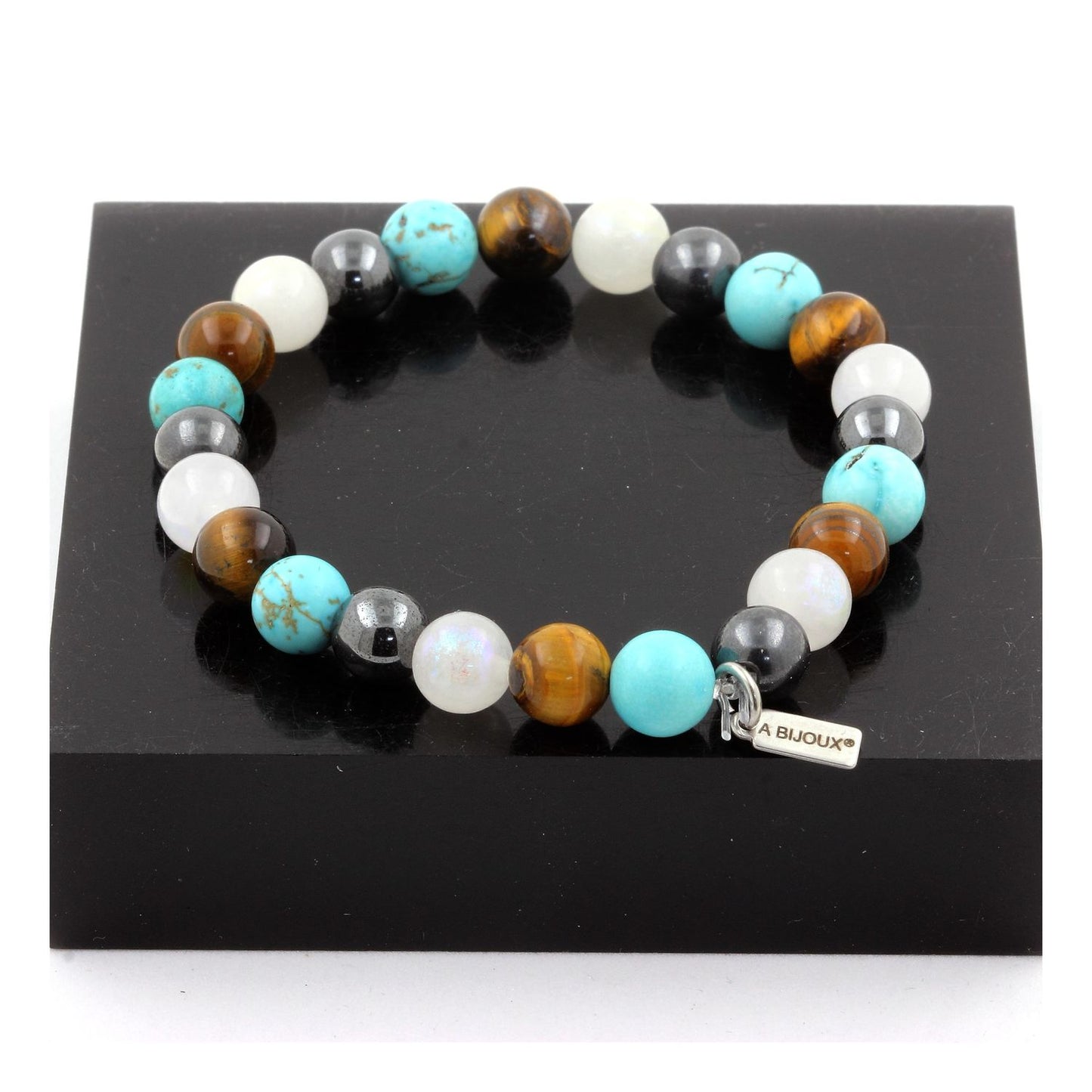 Hématite + Oeil de Tigre + Pierre de lune + Turquoise Bracelet Perles