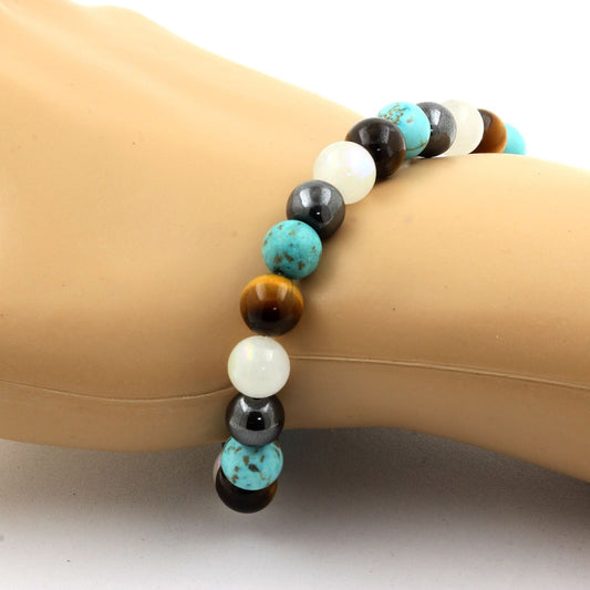 Hématite + Oeil de Tigre + Pierre de lune + Turquoise Bracelet Perles