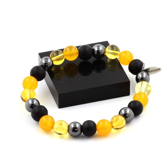 Hématite + Onyx noir mat + Citrine + Agate jaune Bracelet Perles