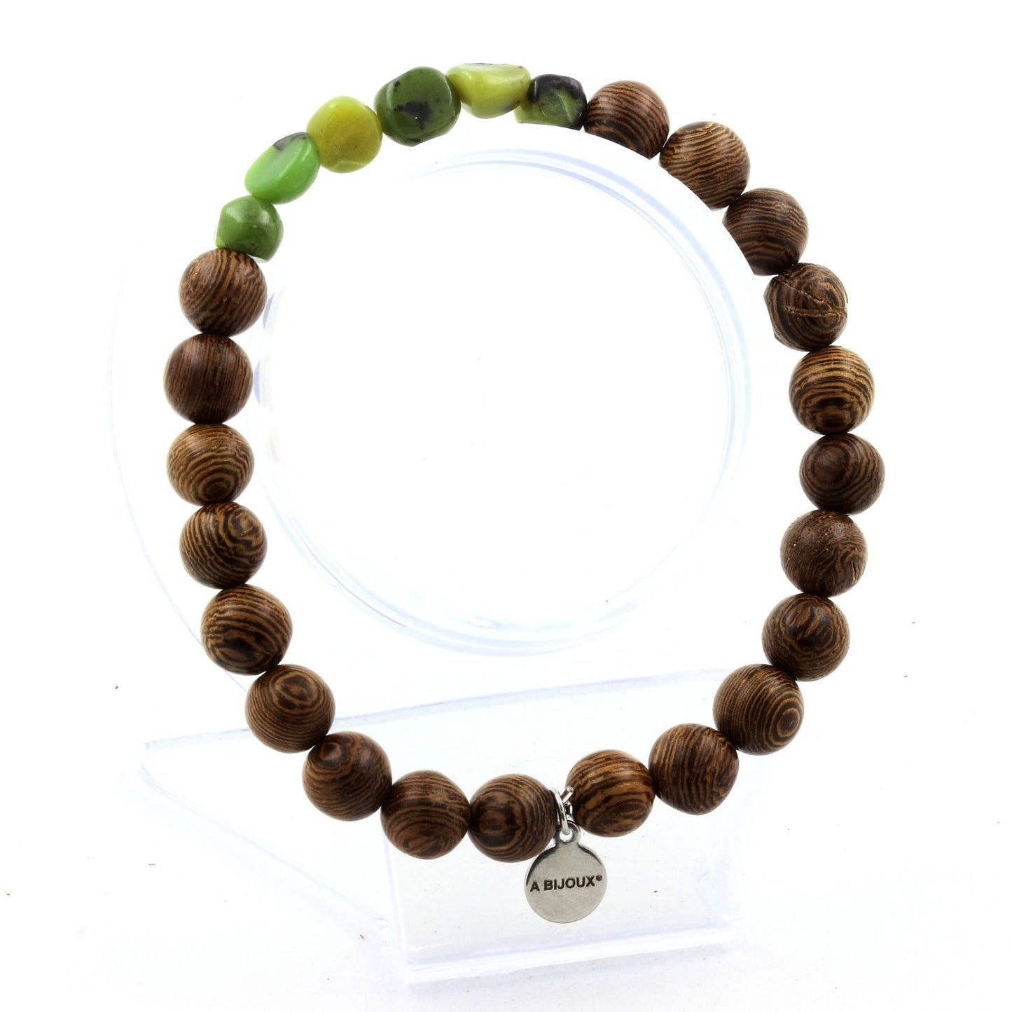 Jade Nephrite de Xiuyan Chine + Perles bois. Bracelet en Perles naturelles