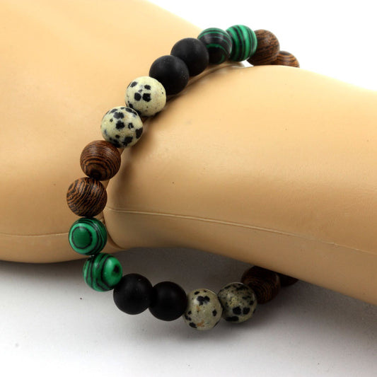 Jaspe Dalmatien + Malachite (avec résine) + Onyx noir mat + bois Bracelet Perles