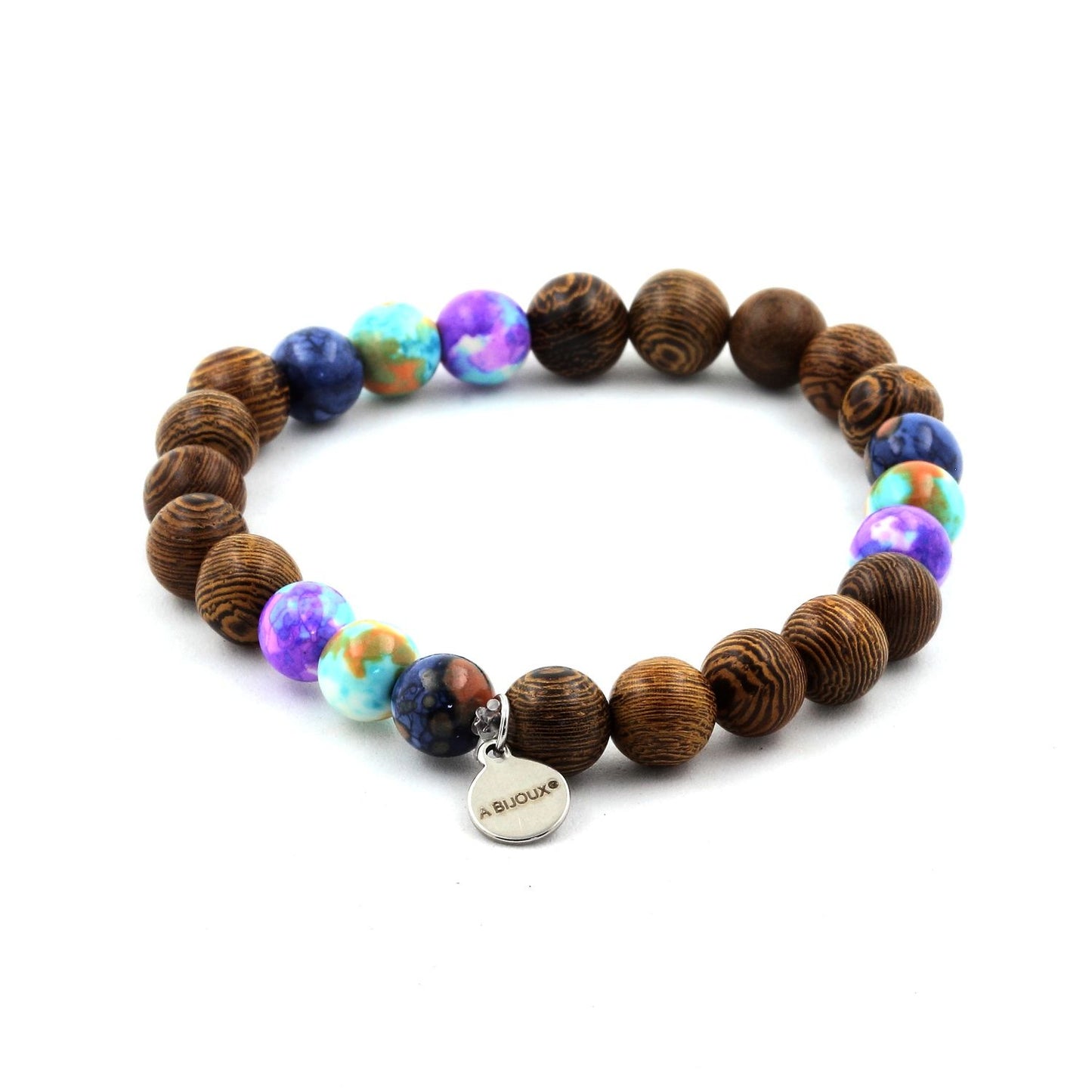 Jaspe bleu + Jaspe violet bleu + Jaspe orange bleu + bois. Bracelet en Perles naturelles