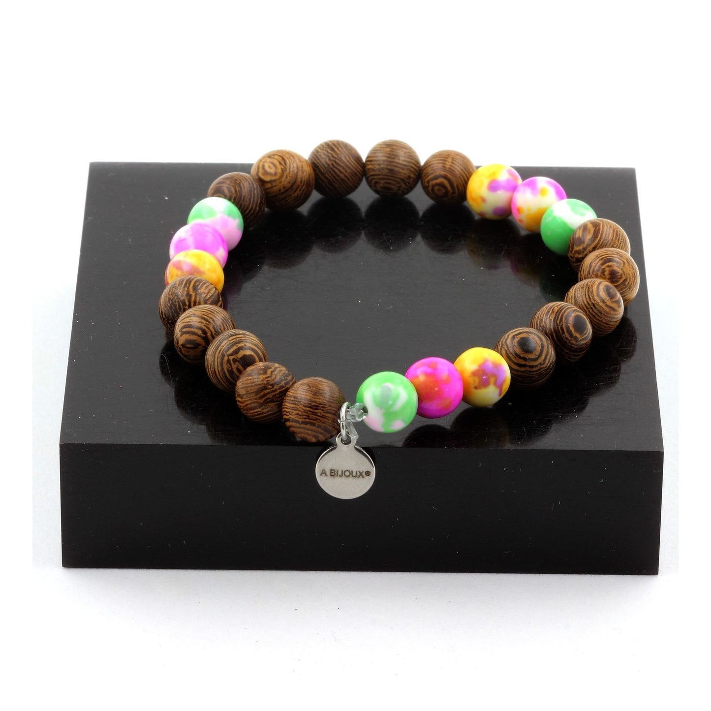 Jaspe vert rose + Jaspe jaune violet + Jaspe rose jaune + bois. Bracelet en Perles naturelles