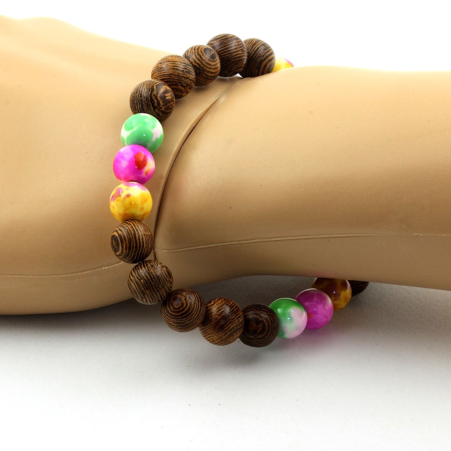 Jaspe vert rose + Jaspe jaune violet + Jaspe rose jaune + bois. Bracelet en Perles naturelles