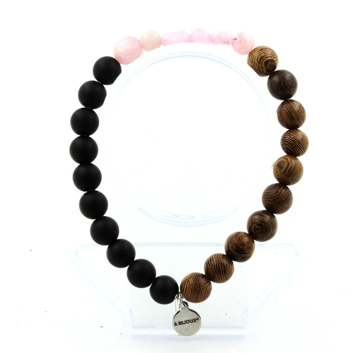 Kunzite du Brésil + Perles Onyx noir mat + bois. Bracelet en Perles naturelles