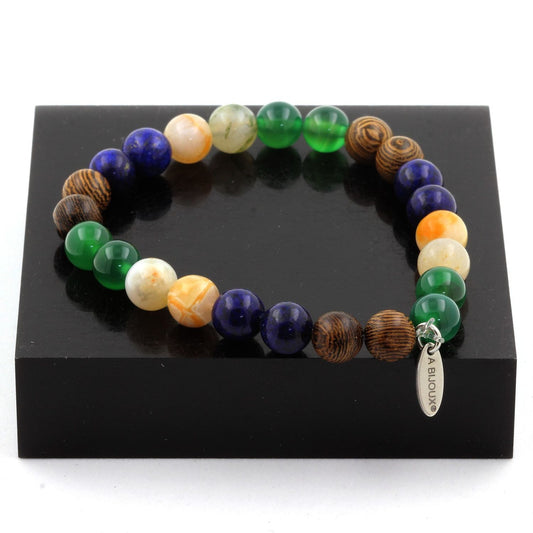 Lapis Lazuli + Agate verte + Agate Feuille de Bambou + bois Bracelet Perles