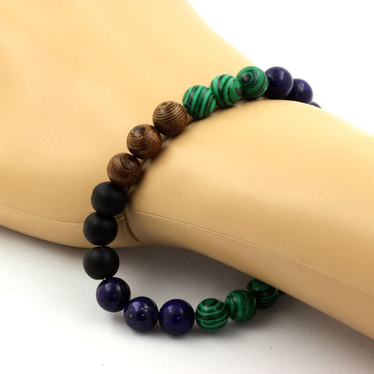 Lapis Lazuli + Malachite (avec résine) + Onyx noir mat + bois Bracelet Perles