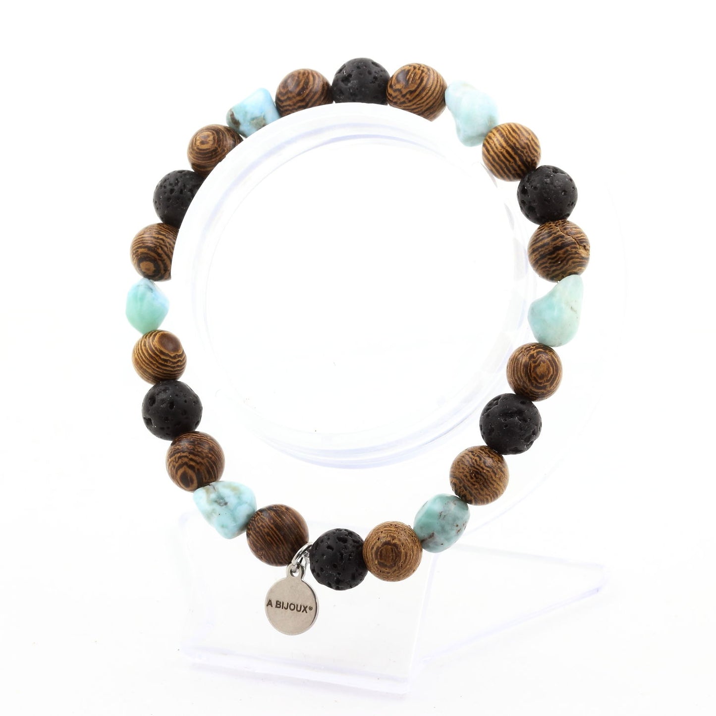 Larimar de République Dominicaine + Perles Lave + bois. Bracelet en pierres naturelles