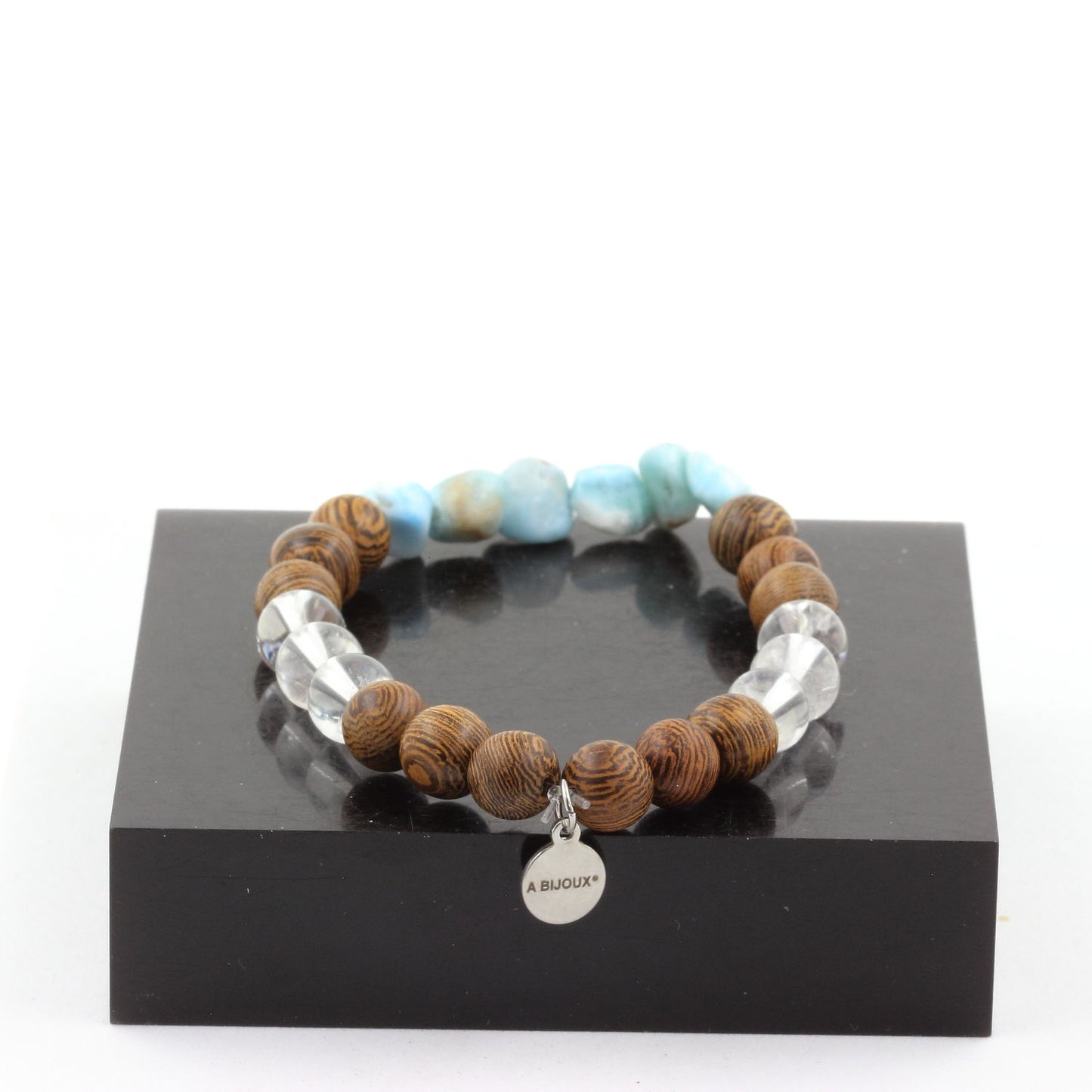 Larimar de République Dominicaine + Perles Quartz + bois. Bracelet en pierres naturelles