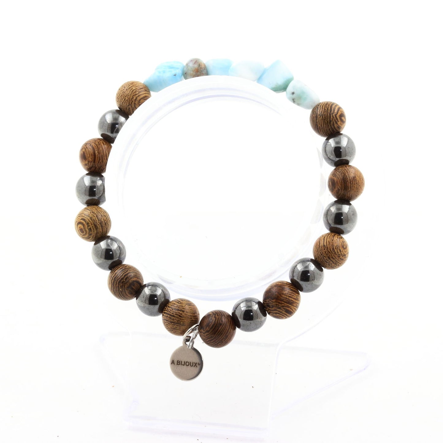 Larimar de République dominicaine + Perles Hématite + bois. Bracelet en pierres naturelles