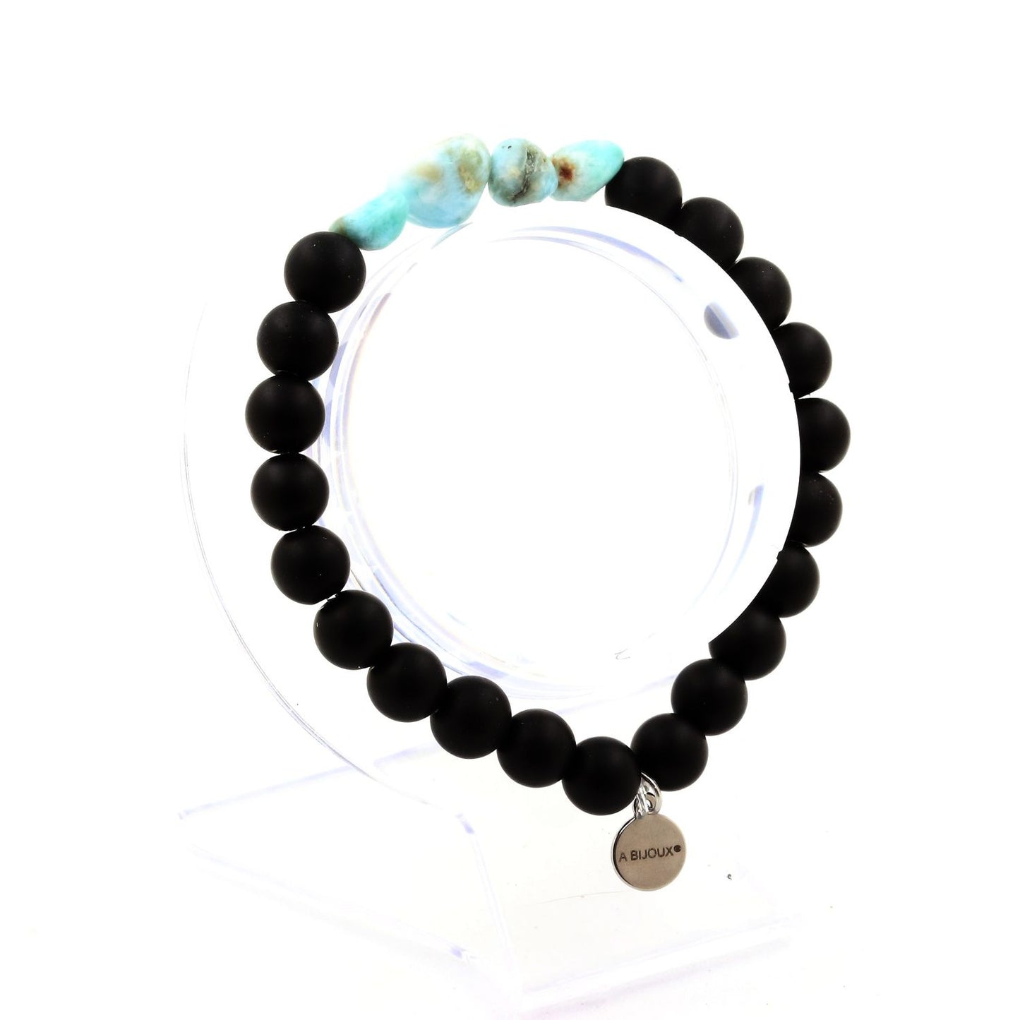 Larimar de République dominicaine + Perles Onyx noir mat. Bracelet en Perles naturelles