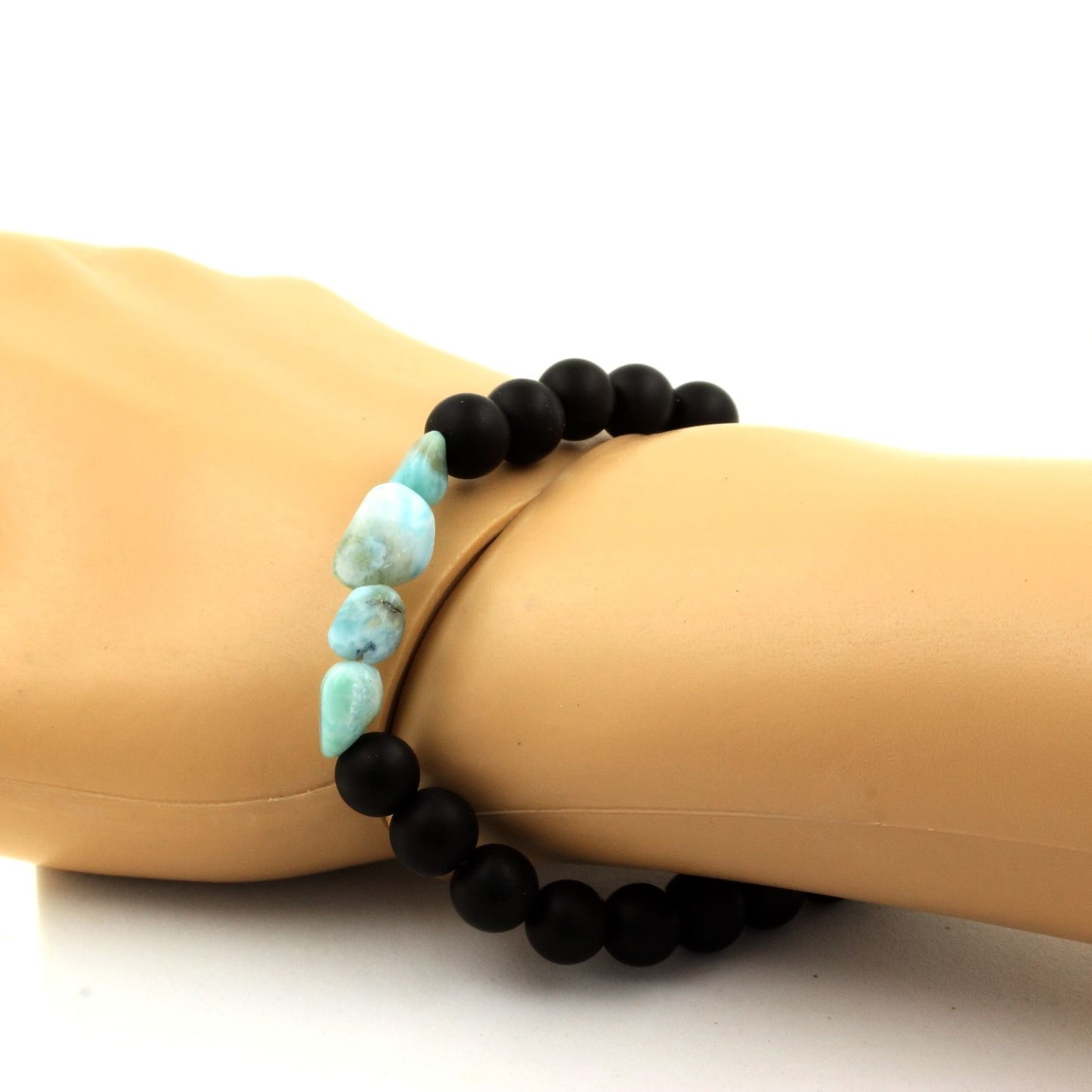 Larimar de République dominicaine + Perles Onyx noir mat. Bracelet en Perles naturelles