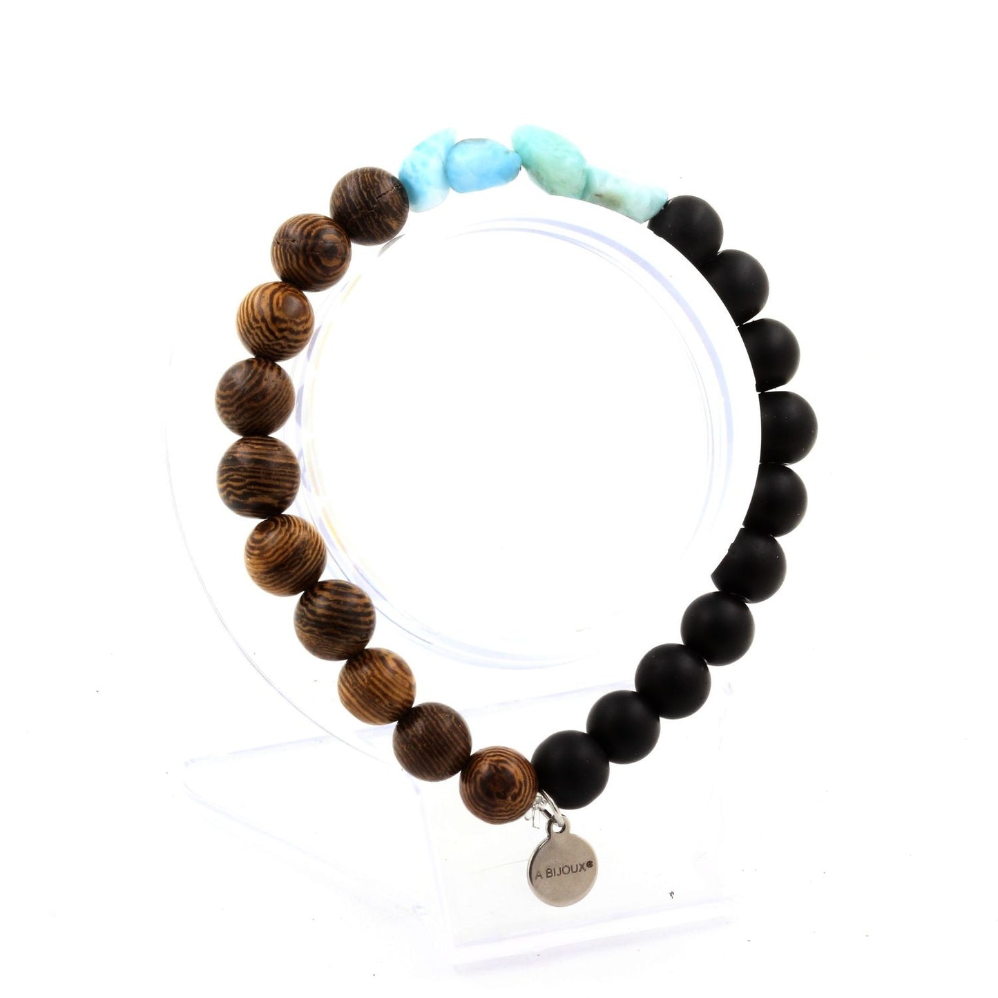 Larimar de République dominicaine + Perles Onyx noir mat + bois. Bracelet en Perles naturelles