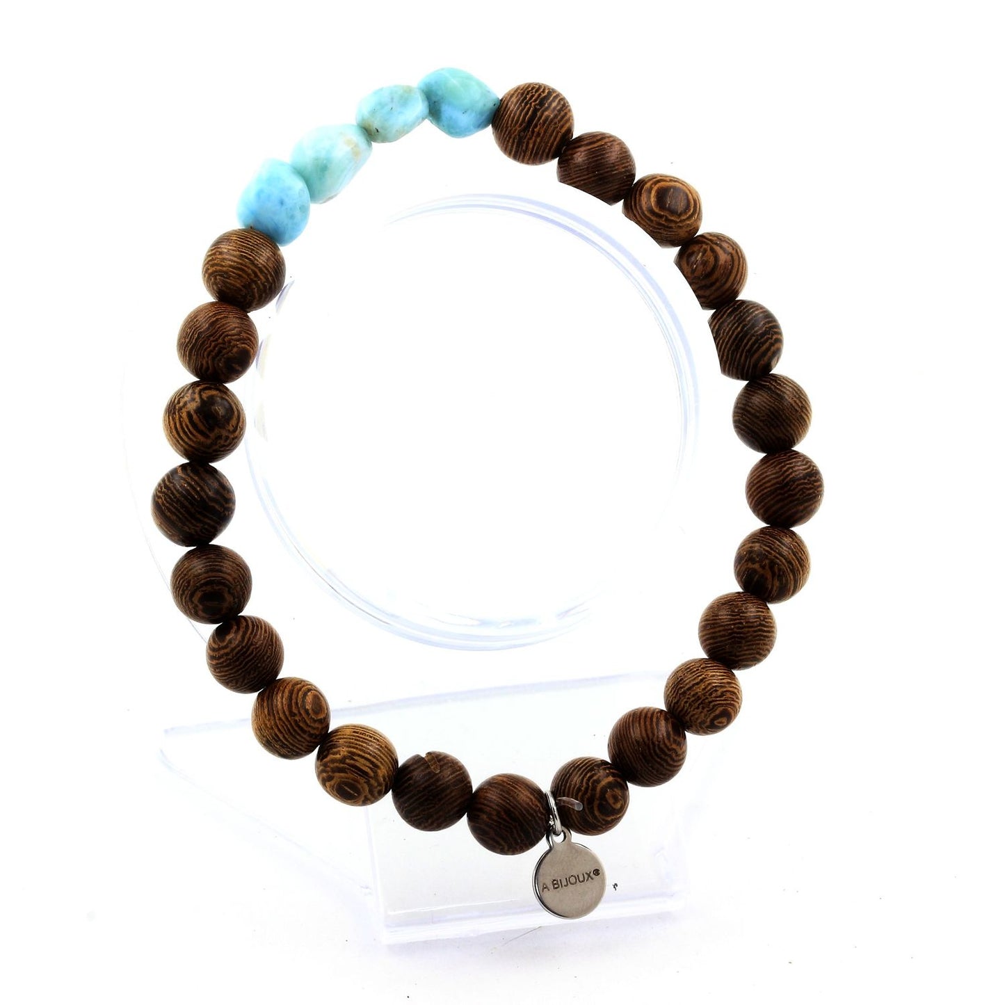 Larimar de République dominicaine + Perles bois. Bracelet en Perles naturelles