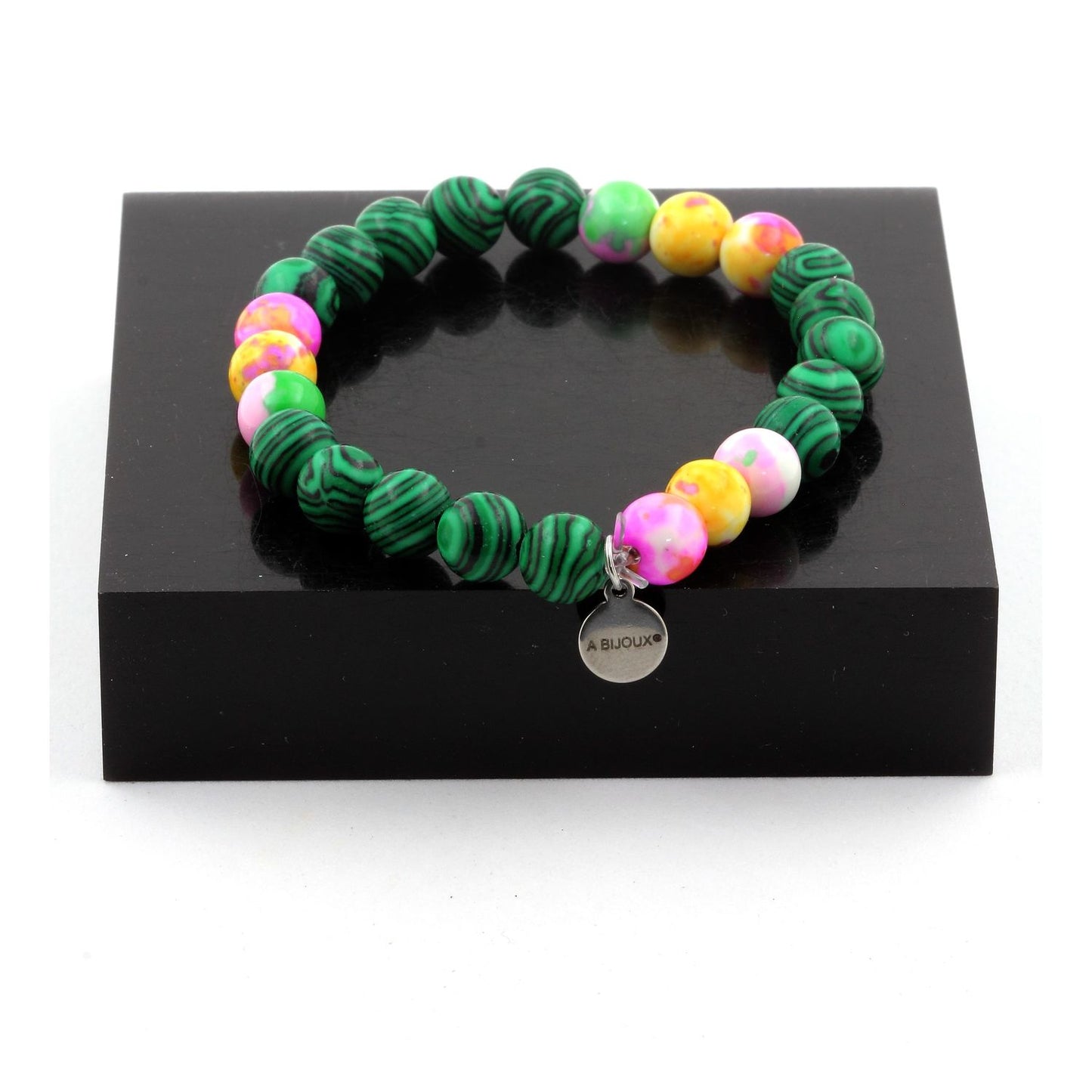 Malachite (avec résine) + Jaspe jaune violet + Jaspe rose jaune + Jaspe vert rose. Bracelet en Perles naturelles