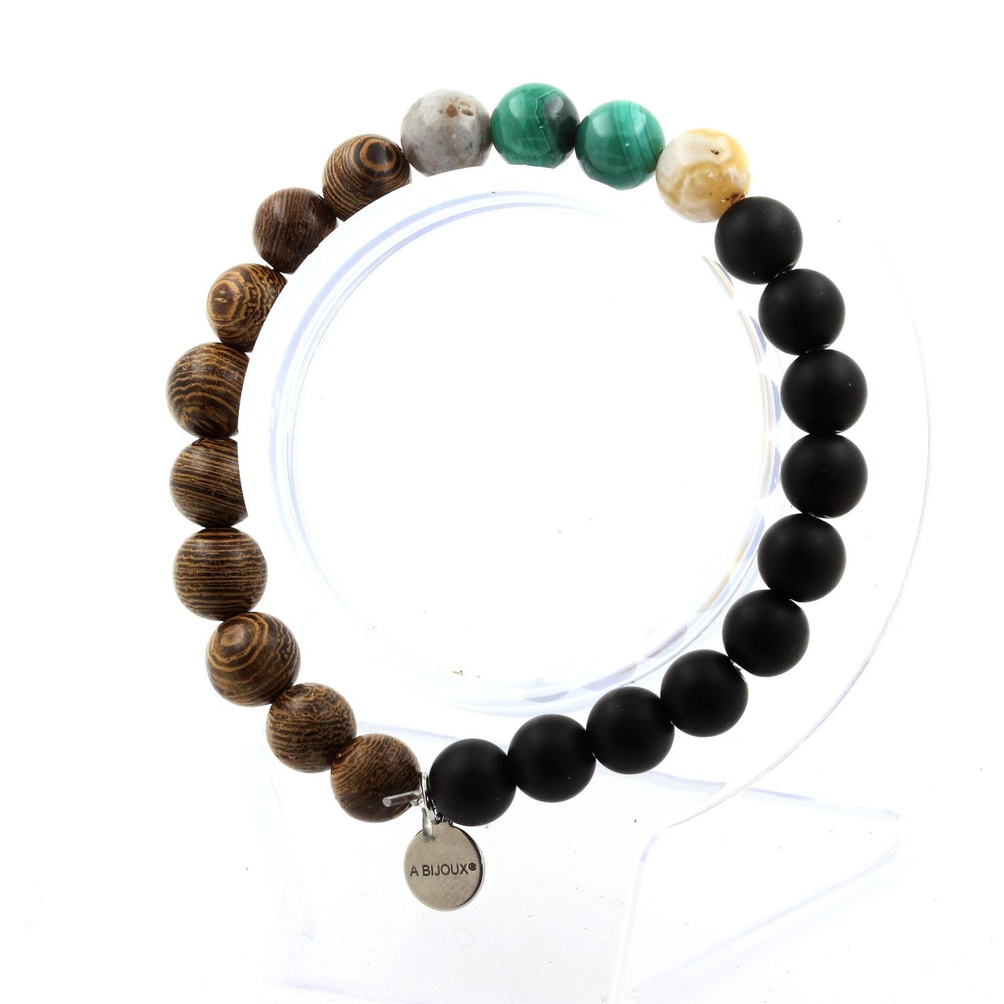 Malachite du Congo + Agate Feuille de Bambou + Onyx noir mat + bois. Bracelet Perles