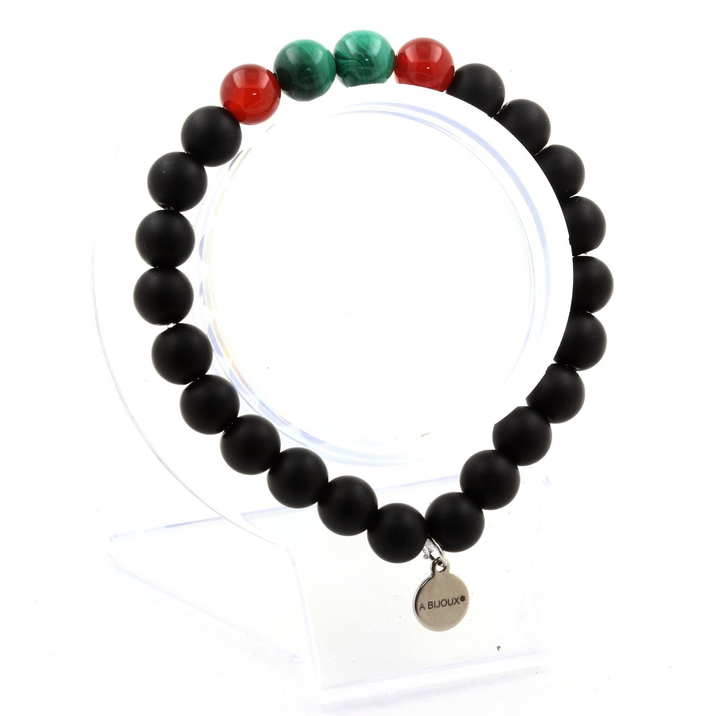 Malachite du Congo + Agate Rouge + Onyx noir mat. Bracelet Perles