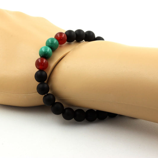 Malachite du Congo + Agate Rouge + Onyx noir mat. Bracelet Perles