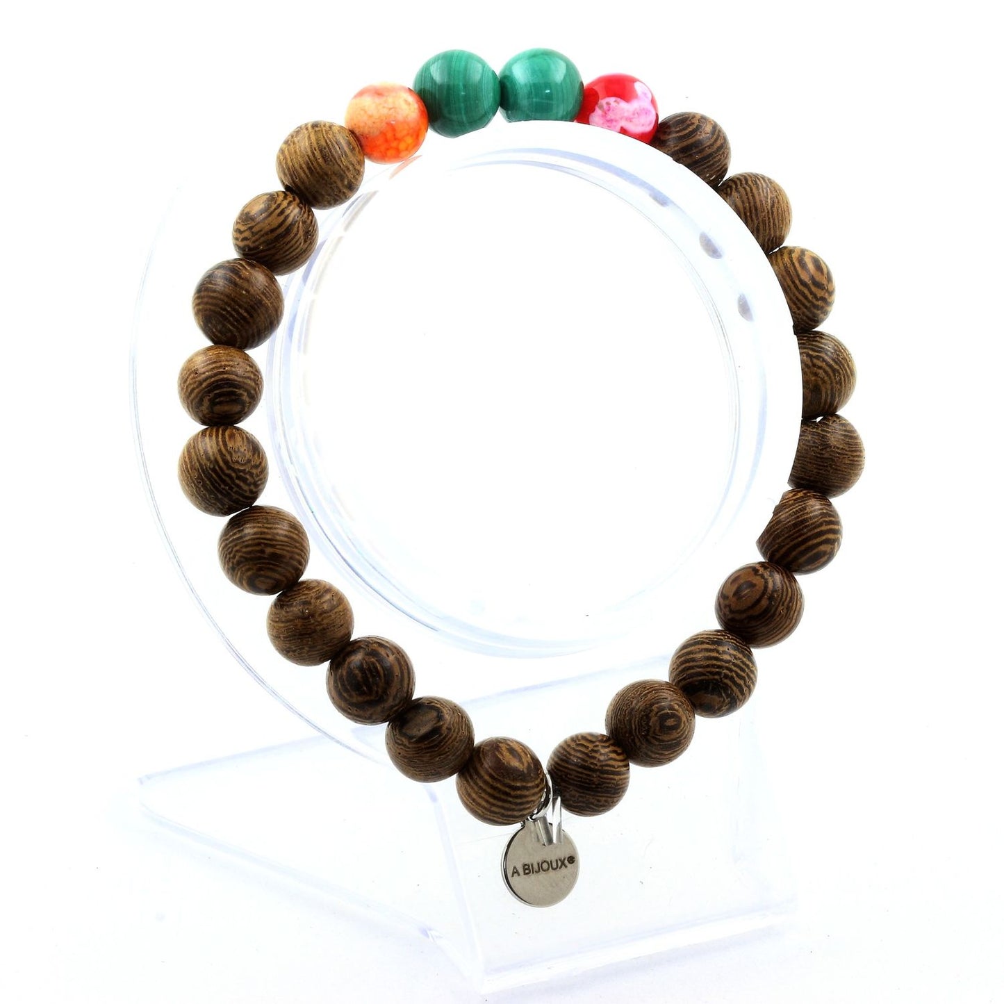 Malachite du Congo + Agate craquelé multicolore + bois. Bracelet Perles naturelles