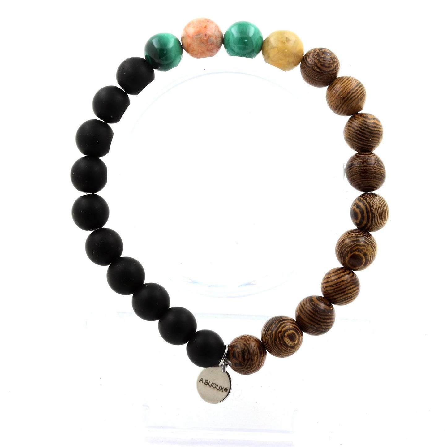 Malachite du Congo + Agate crazy lace + Onyx noir mat + bois. Bracelet Perles