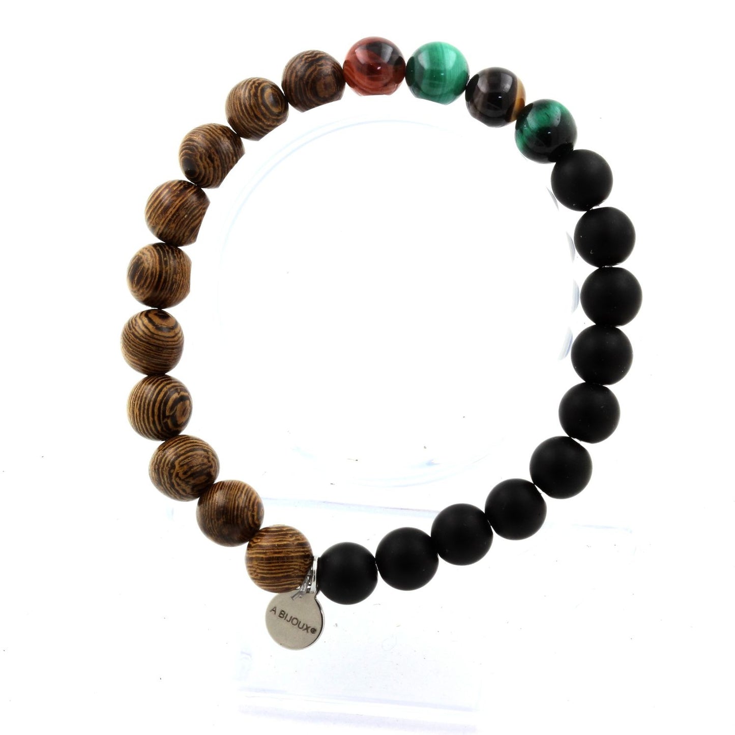 Malachite du Congo + Agate de Rêve + Onyx noir mat + bois. Bracelet Perles naturelles