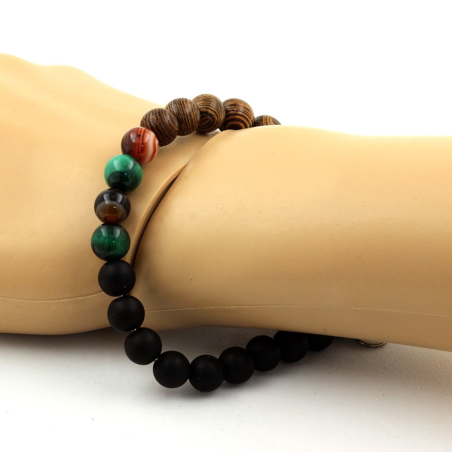 Malachite du Congo + Agate de Rêve + Onyx noir mat + bois. Bracelet Perles naturelles