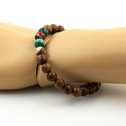 Malachite du Congo + Agate de Rêve + bois. Bracelet Perles naturelles