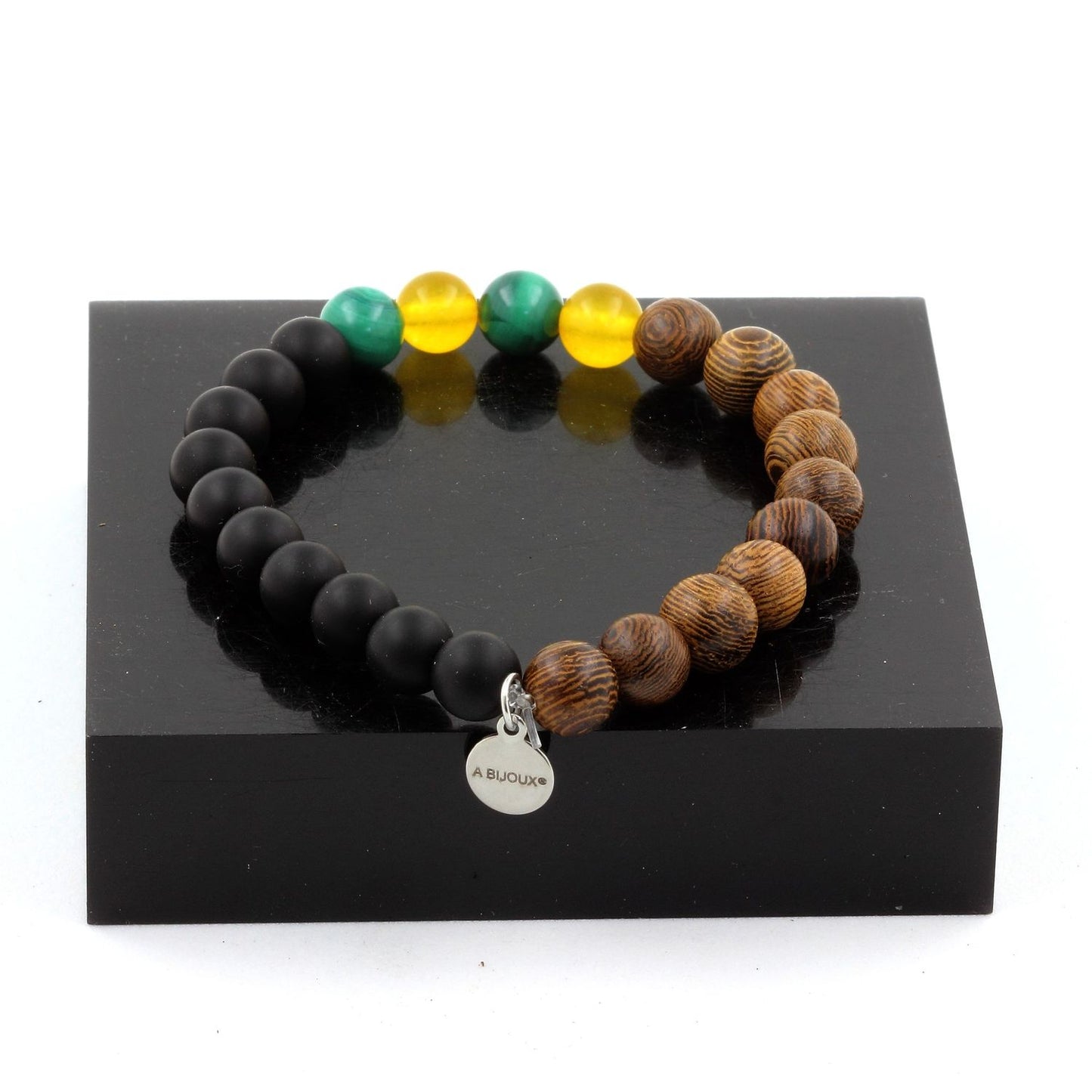Malachite du Congo + Agate jaune + Onyx noir mat + bois. Bracelet Perles naturelles