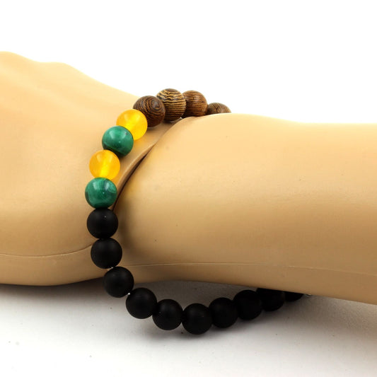 Malachite du Congo + Agate jaune + Onyx noir mat + bois. Bracelet Perles naturelles