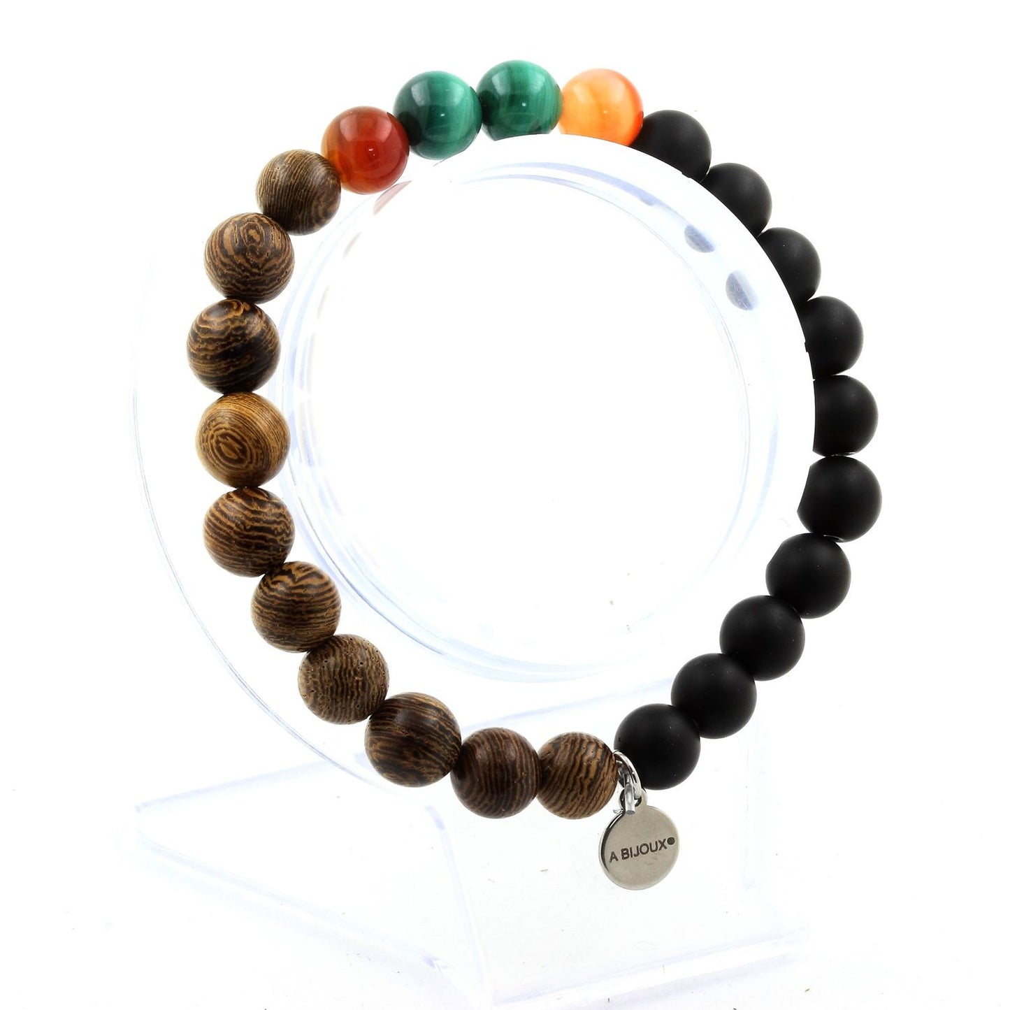 Malachite du Congo + Agate rubanée + Onyx noir mat + bois. Bracelet Perles