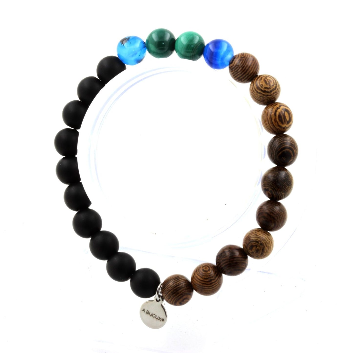 Malachite du Congo + Agate rubanée bleu + Onyx noir mat + bois. Bracelet Perles naturelles