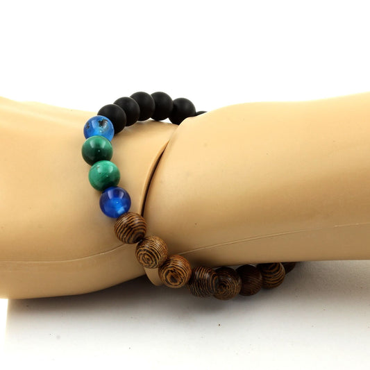 Malachite du Congo + Agate rubanée bleu + Onyx noir mat + bois. Bracelet Perles naturelles