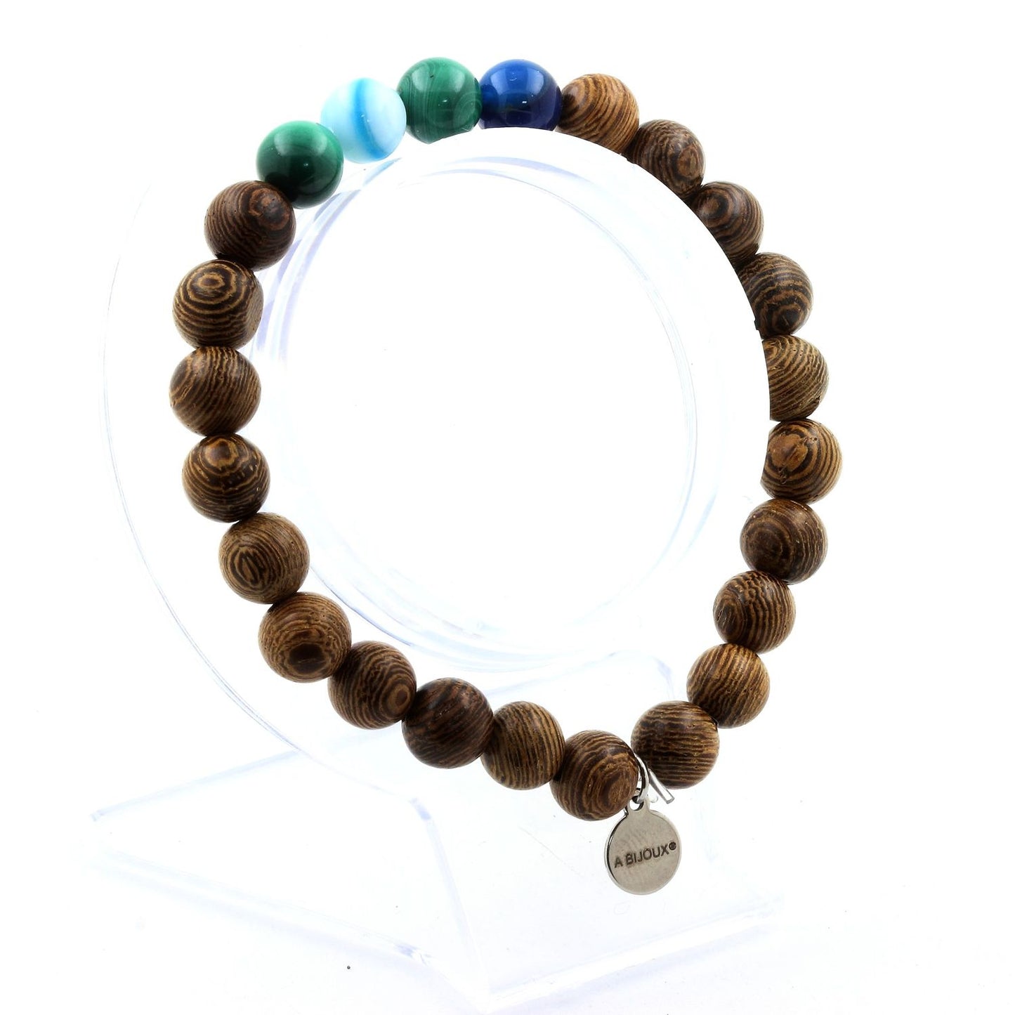 Malachite du Congo + Agate rubanée bleu + bois. Bracelet Perles naturelles