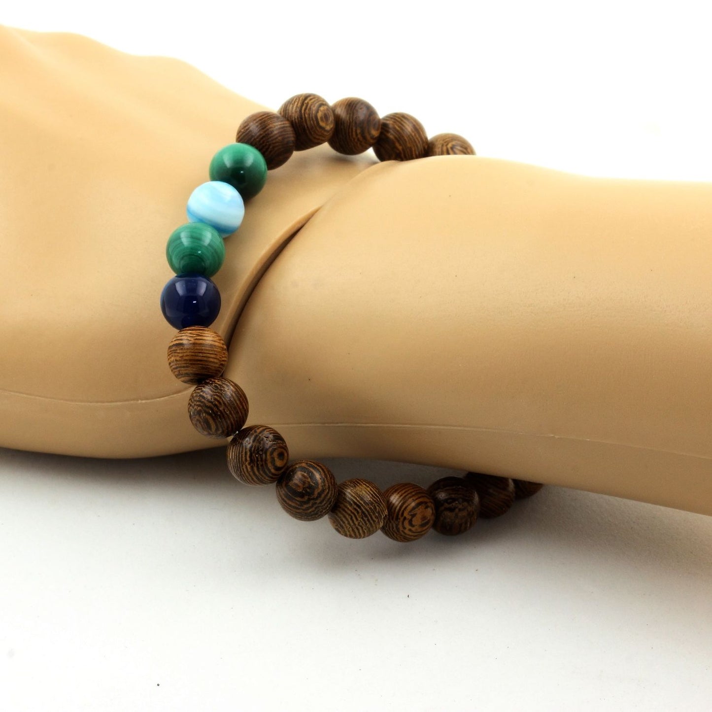 Malachite du Congo + Agate rubanée bleu + bois. Bracelet Perles naturelles