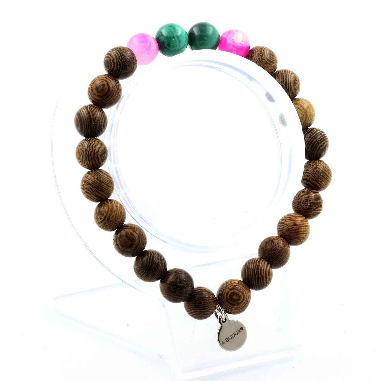 Malachite du Congo + Agate rubanée rose + bois. Bracelet Perles naturelles