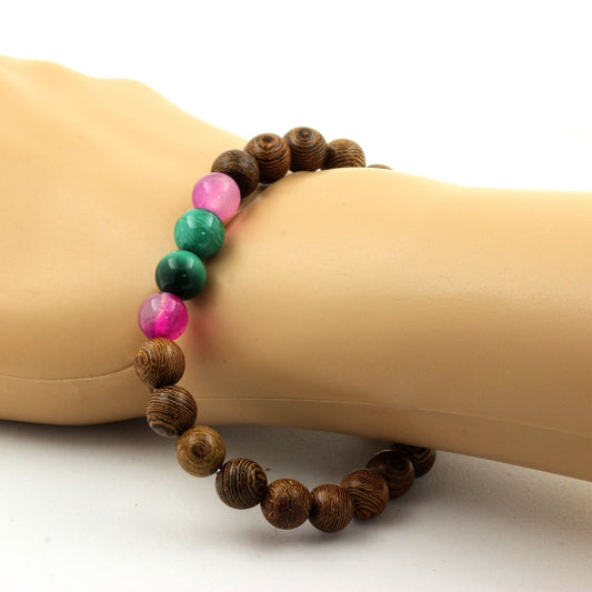 Malachite du Congo + Agate rubanée rose + bois. Bracelet Perles naturelles