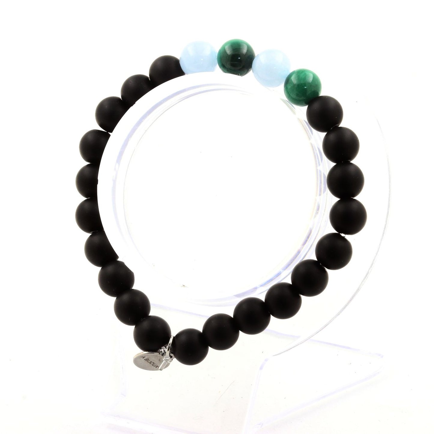 Malachite du Congo + Aigue-Marine + Onyx noir mat. Bracelet Perles naturelles