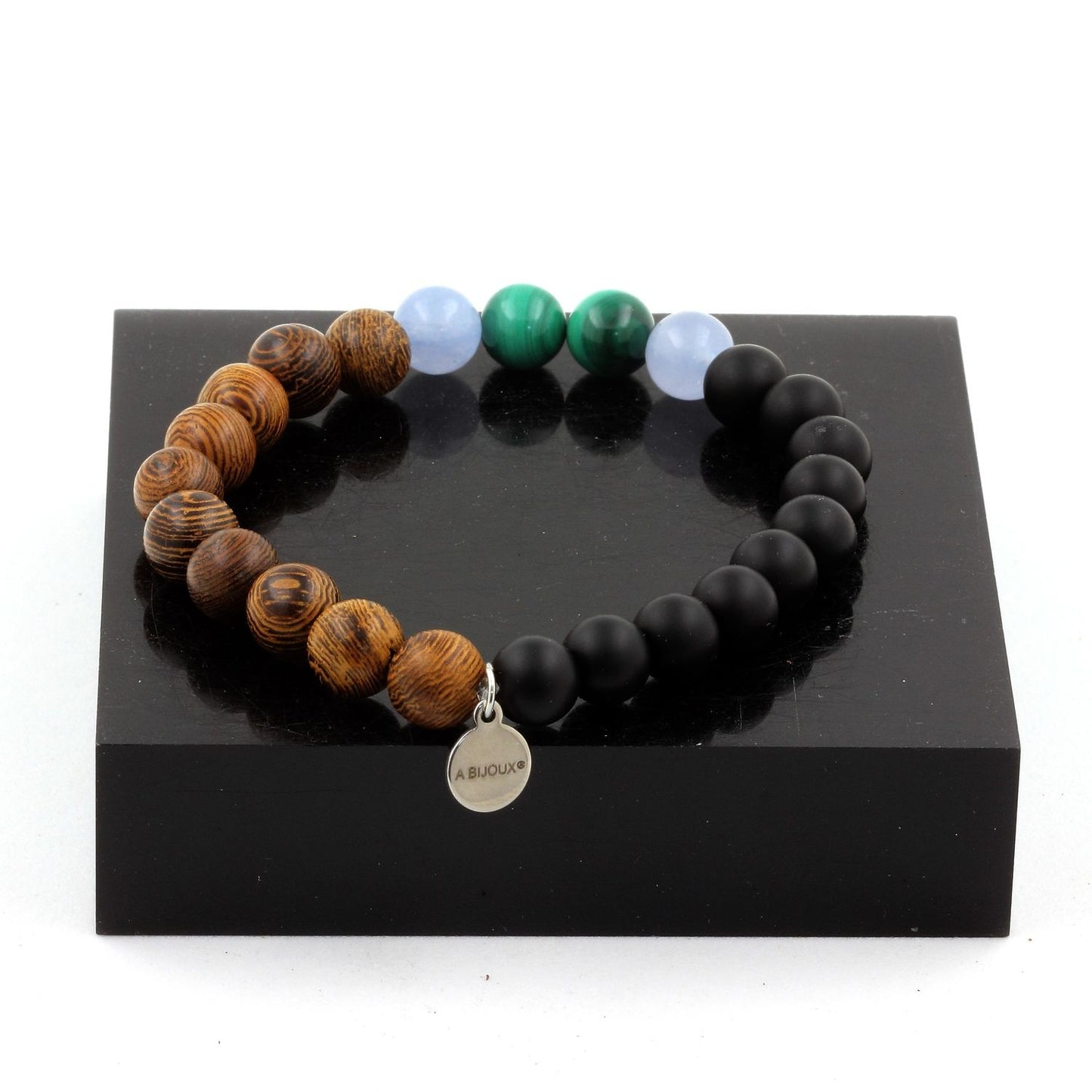 Malachite du Congo + Aigue-Marine + Onyx noir mat + bois. Bracelet Perles naturelles