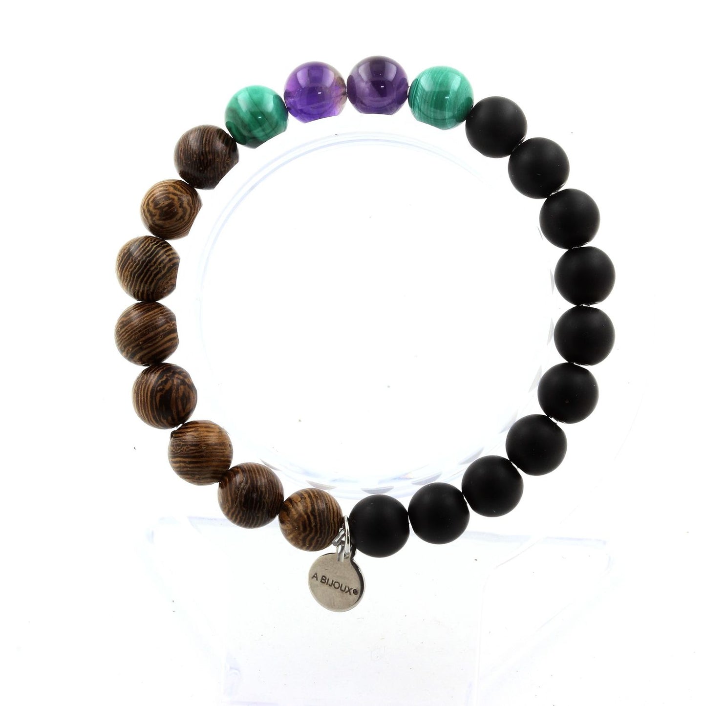 Malachite du Congo + Améthyste + Onyx noir mat + bois. Bracelet Perles