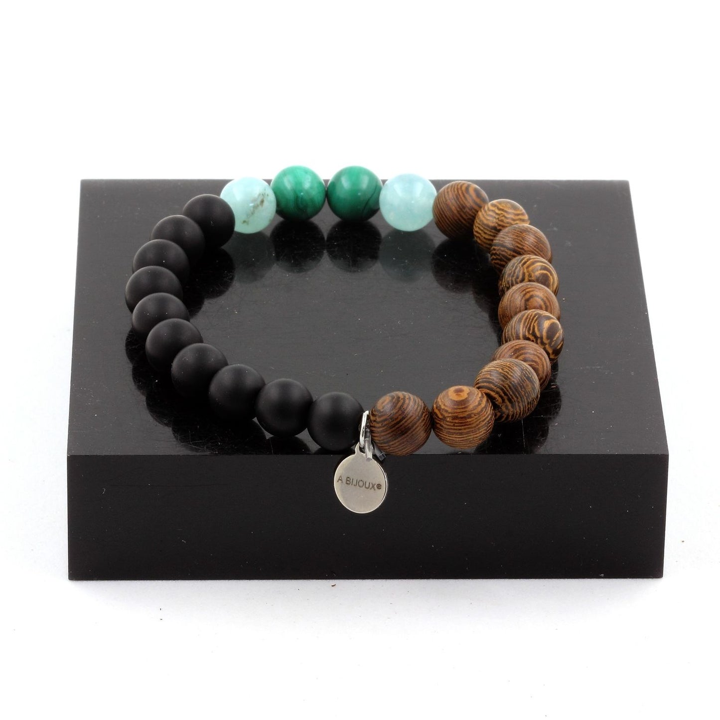 Malachite du Congo + Angélite + Onyx noir mat + bois. Bracelet Perles naturelles