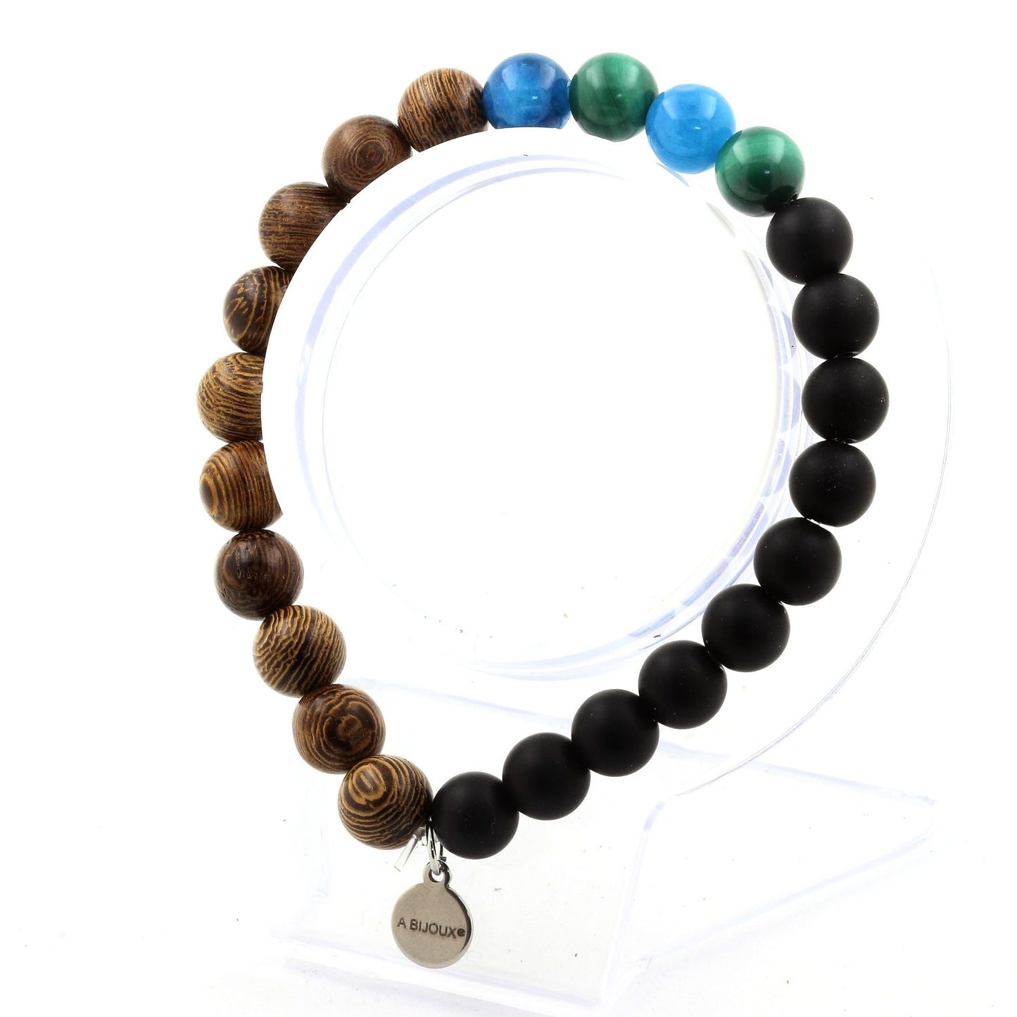 Malachite du Congo + Apatite + Onyx noir mat + bois. Bracelet Perles