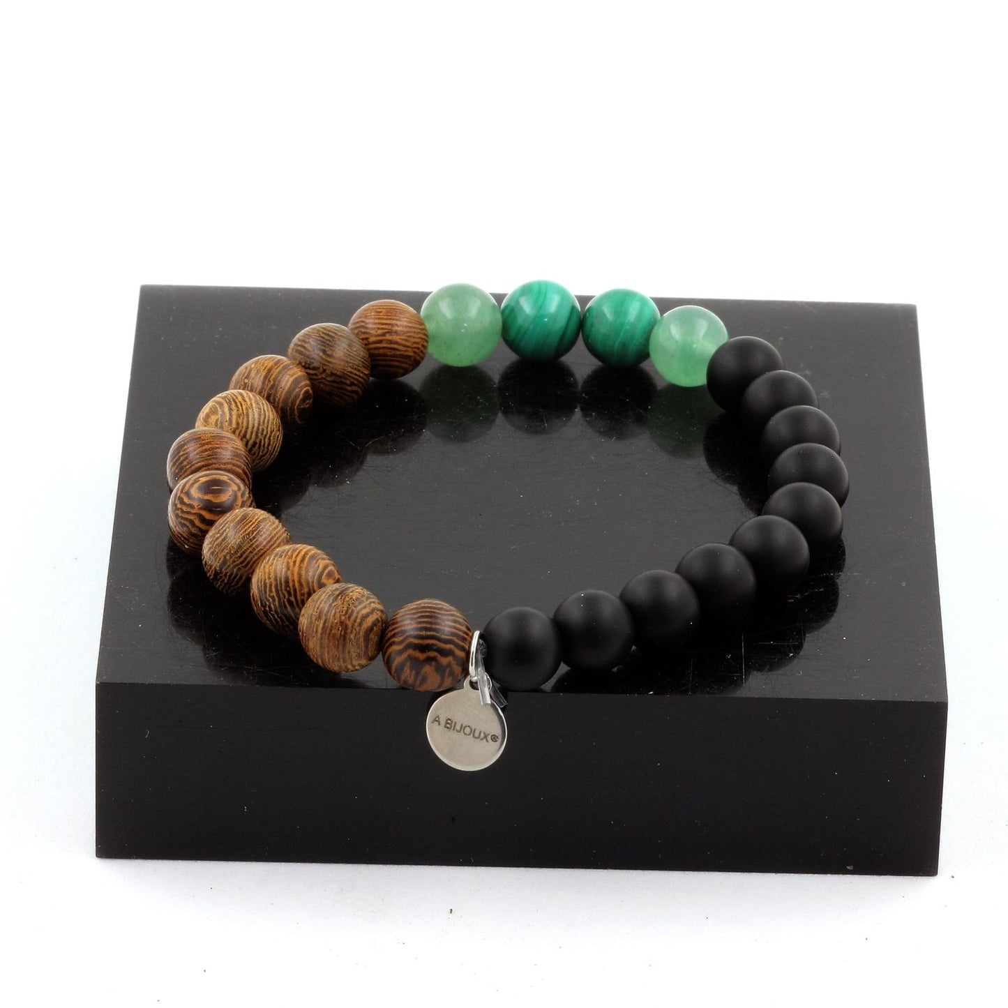 Malachite du Congo + Aventurine + Onyx noir mat + bois. Bracelet Perles naturelles