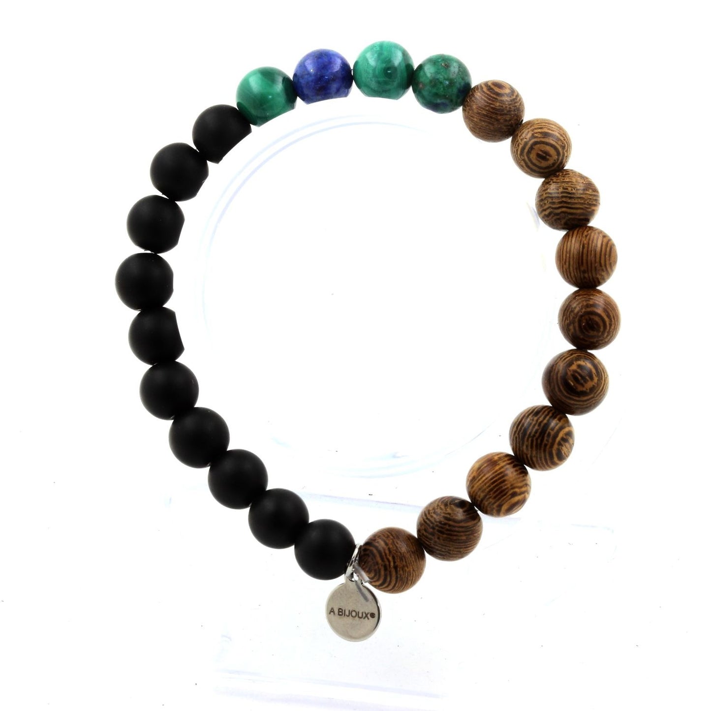 Malachite du Congo + Azurite Chrysocolle + Onyx noir mat + bois. Bracelet Perles naturelles