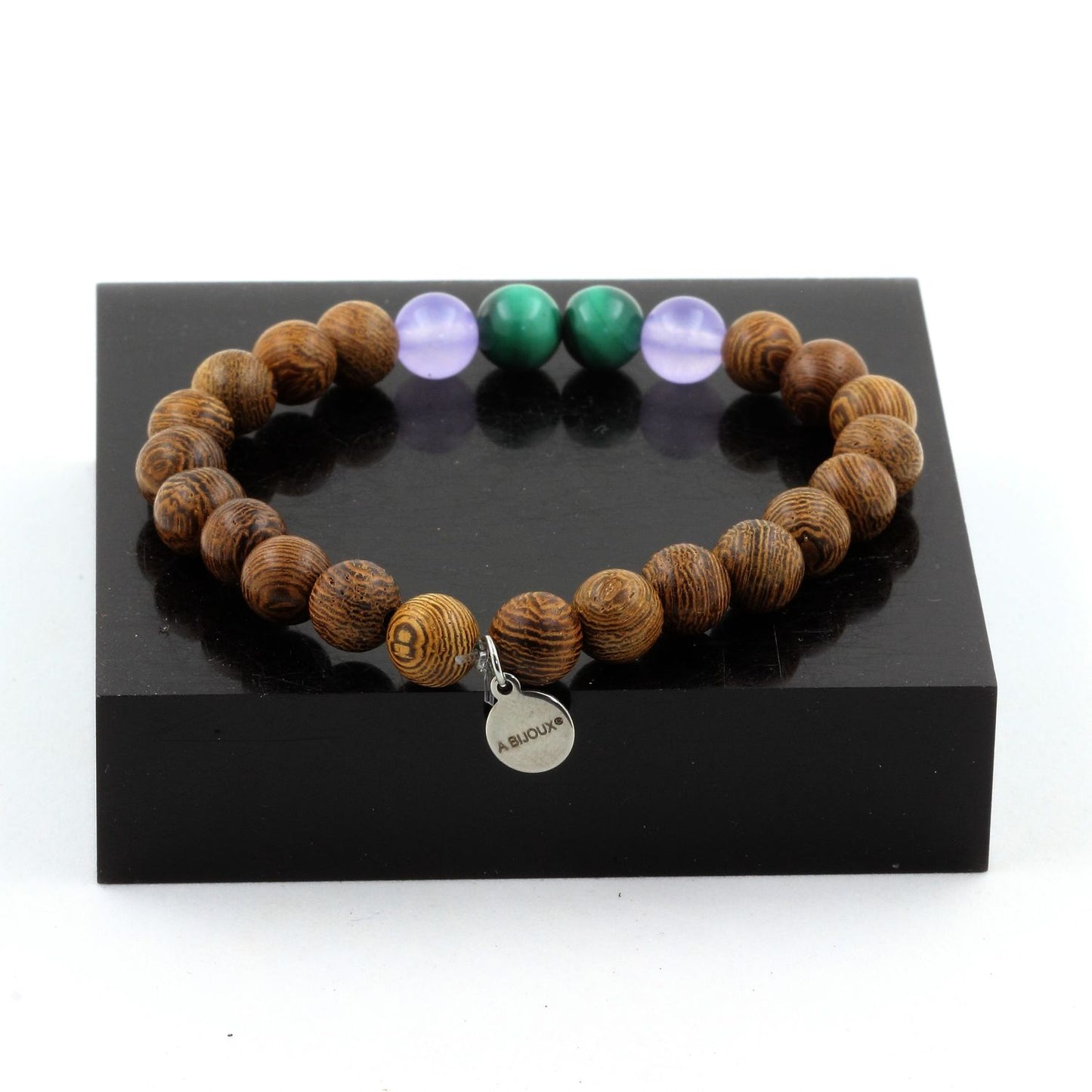 Malachite du Congo + Calcédoine lavande + bois. Bracelet Perles naturelles